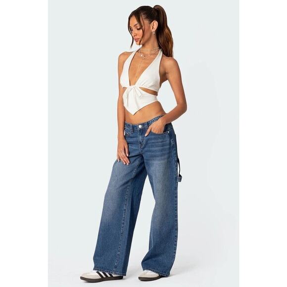 Edikted White Cady Strappy Cut Out Halter Top Size Small Summer Crop Tie Front - Picture 2 of 4